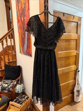 Vintage Black Sparkle Midi Dress with Flutter Sleeves